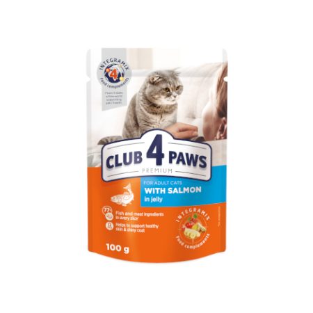 CLUB 4 PAWS ADULT CATS SALMON ΥΓΡΗ ΤΡΟΦΗ ΓΙΑ ΕΝΗΛΙΚΕΣ ΓΑΤΕΣ ΜΕ ΣΟΛΟΜΟ ΣΕ ΖΕΛΕ 100GR DOGGER.GR