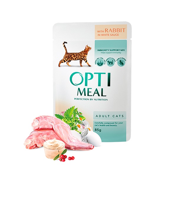 OPTIMEAL ADULT CATS ΥΓΡΗ ΤΡΟΦΗ ΕΝΗΛΙΚΗΣ ΓΑΤΑΣ ΜΕ ΚΟΥΝΕΛΙ ΣΕ ΛΕΥΚΗ ΣΑΛΤΣΑ 85ΓΡ DOGGER.GR