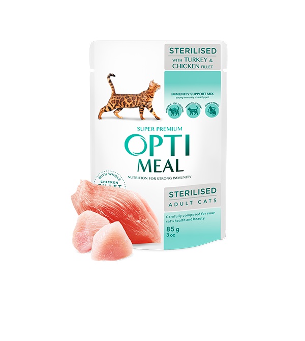OPTIMEAL STERILISED ADULT CATS ΥΓΡΗ ΤΡΟΦΗ ΣΤΕΙΡΩΜΕΝΗΣ ΓΑΤΑΣ ΜΕ ΓΑΛΟΠΟΥΛΑ ΚΟΤΟΠΟΥΛΟ 85ΓΡ DOGGER.GR