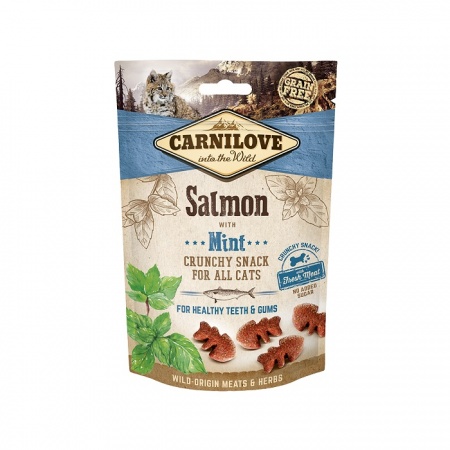 CARNILOVE CRUNCHY SNACK CATS SALMON MINT ΤΡΑΓΑΝΕΣ ΛΙΧΟΥΔΙΕΣ ΓΑΤΑΣ ΜΕ ΣΟΛΟΜΟ ΚΑΙ ΜΕΝΤΑ 50ΓΡ DOGGER.GR